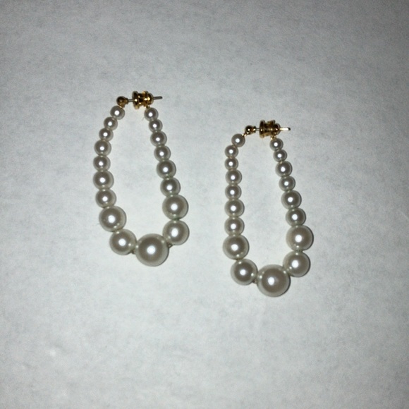 Pearl Bead Drop Dangle Hoop Post Back Earrings - Picture 2 of 3